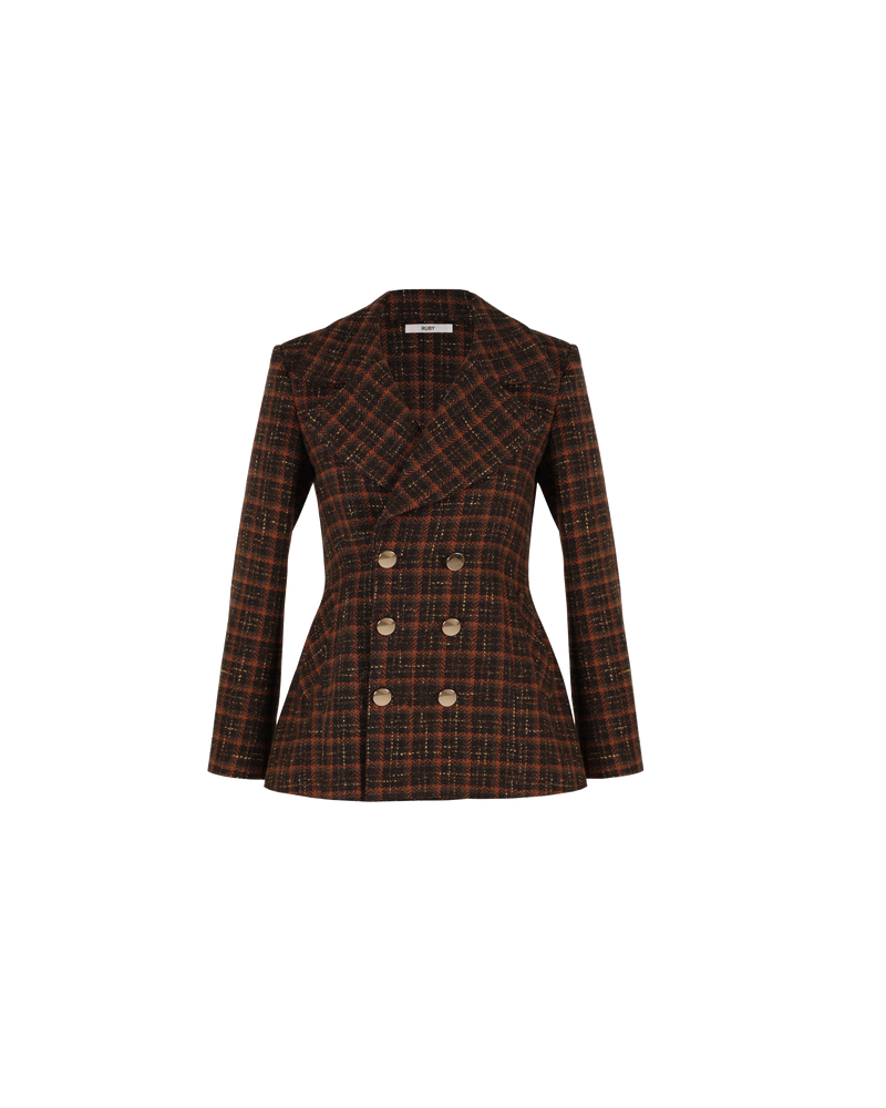 HUNTER BLAZER TWEED | Double breasted fitted blazer with gold button closure, crafted in a wool blend tweed. Sharp notched lapels add structure that balance the more fitted waist.