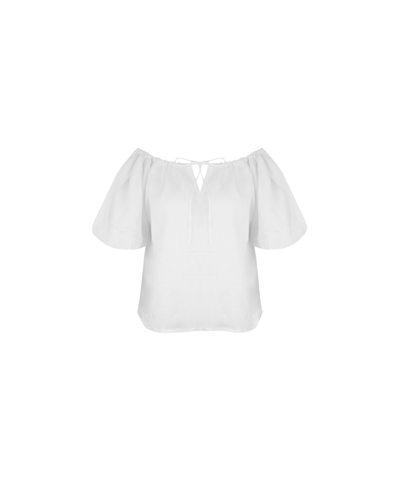 HYDRA OFF SHOULDER BLOUSE WHITE | Short sleeve blouse with a gathered neckline and a tie at the centre front, made from a delicate translucent ramie voile. This blouse can be worn on or off the...