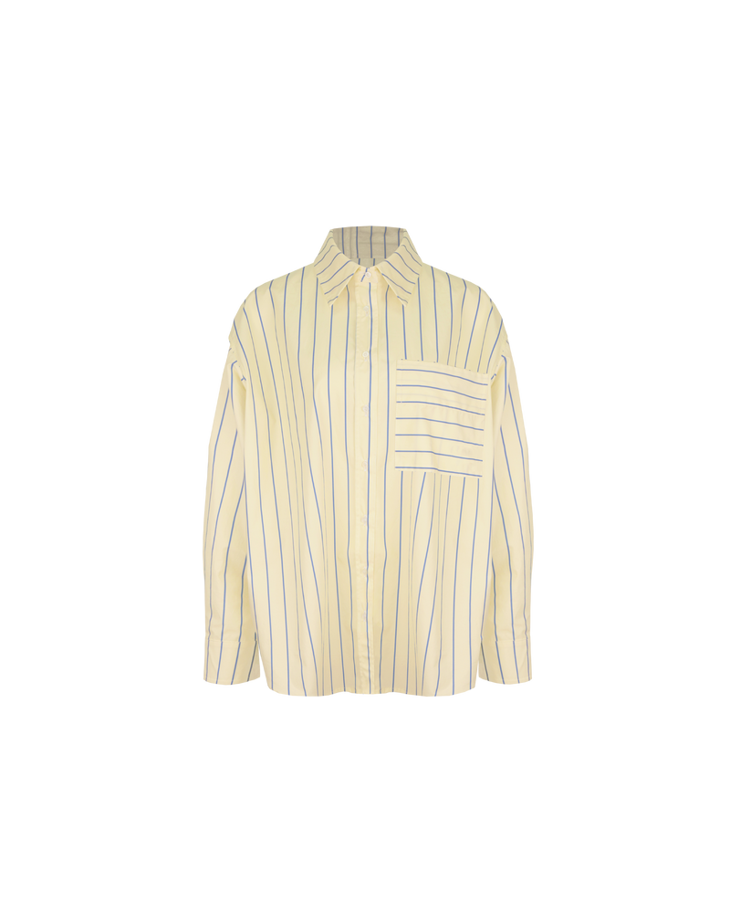 IDA SHIRT BUTTER NAVY STRIPE | Relaxed crisp shirt with classic shirt detailing and a large contrast stripe pocket, designed in butter and navy striped cotton. This piece is a timeless wardrobe staple that you will...