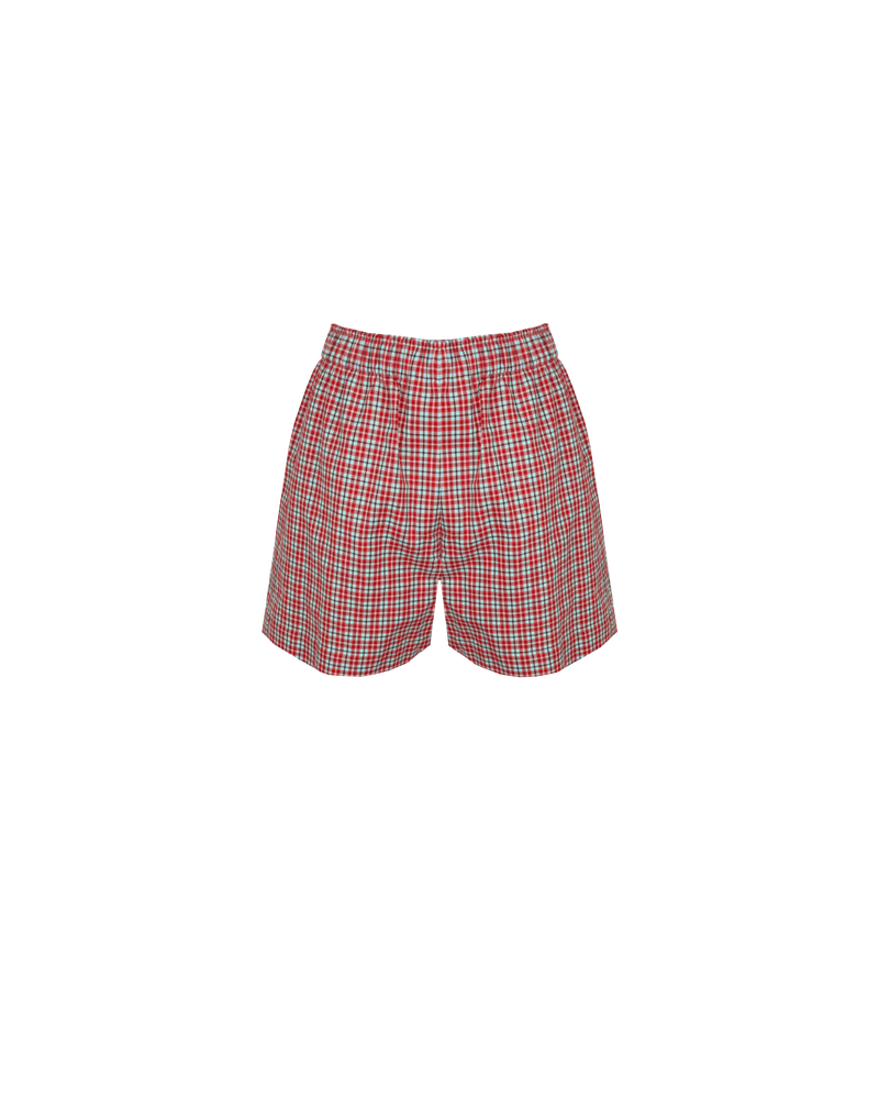 IDA SHORT BLUE RASPBERRY TARTAN | Boxer-style short designed in a raspberry tartan cotton. These shorts are relaxed and easy to wear and perfectly pair with our Trulli Tie Top.