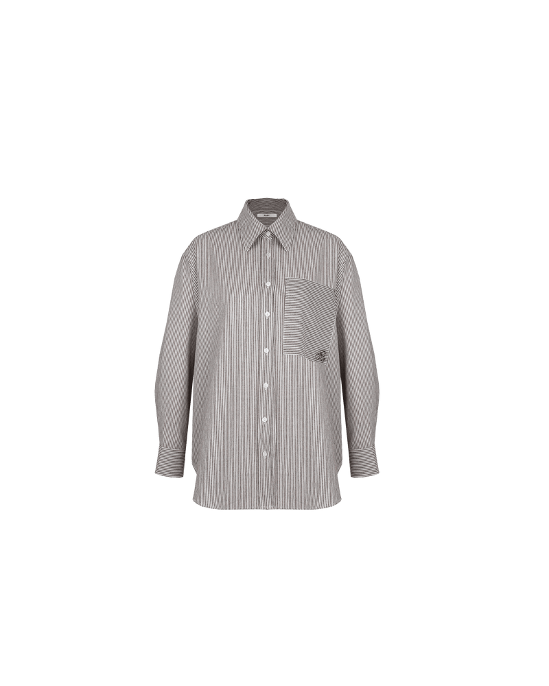 IDA SHIRT BROWN STRIPE | Oversized crisp shirt with classic shirt detailing and a large contrast stripe pocket, designed in a brown striped cotton. This piece is a timeless wardrobe staple that you will wear for years...