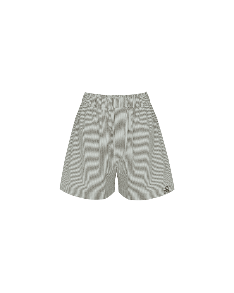 IDA SHORT KHAKI STRIPE | Boxer style short designed in a mid-weight khaki striped cotton. These shorts are relaxed and easy to wear and perfectly pair with our Ida Shirt.