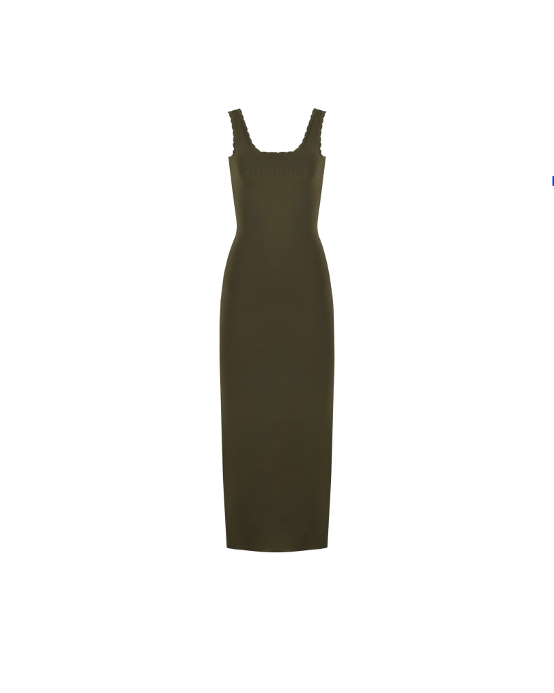 IMA DRESS KHAKI | A new update on our much loved Ima Dress. Sleeveless maxi dress with a square neckline and scallop edging throughout, made in a medium weight rib knit. This dress has...