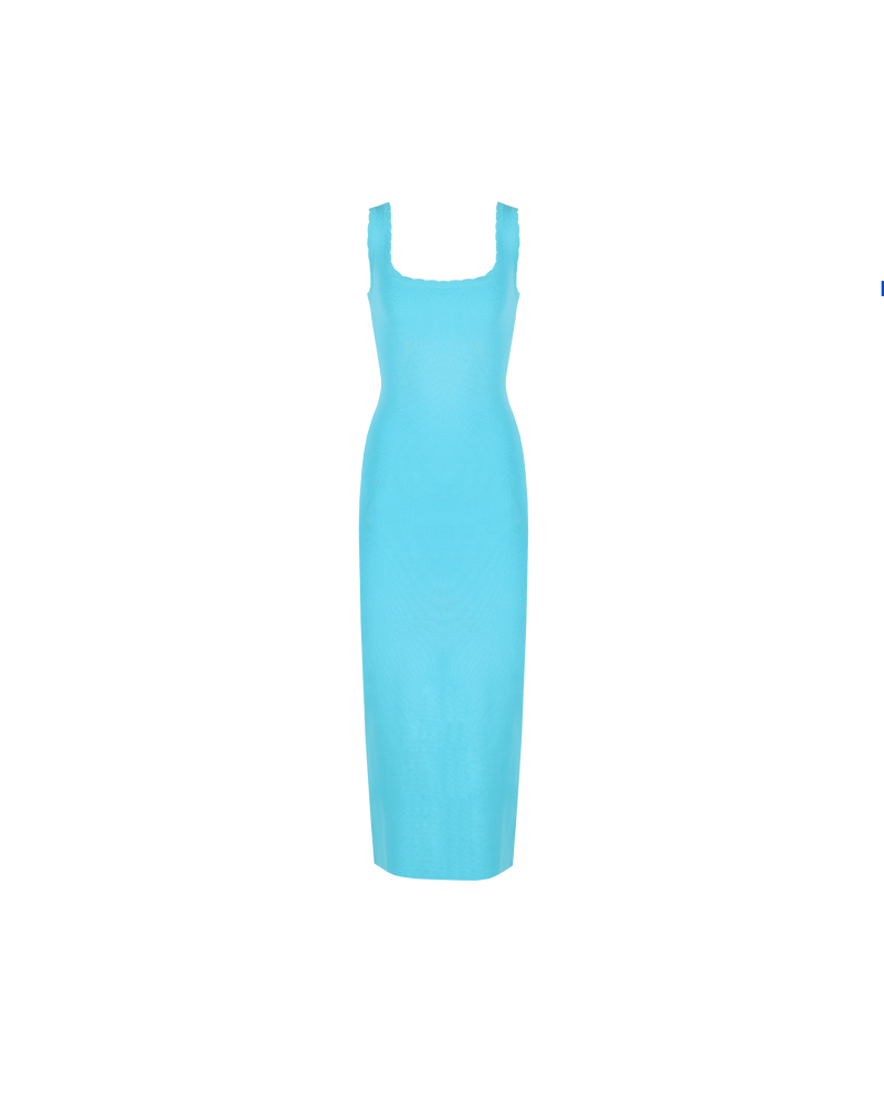 IMA DRESS AQUA | Sleeveless maxi dress with a square neckline and scallop edging throughout, made in a medium weight aqua coloured rib knit. Designed for a close fit that hugs you in all...