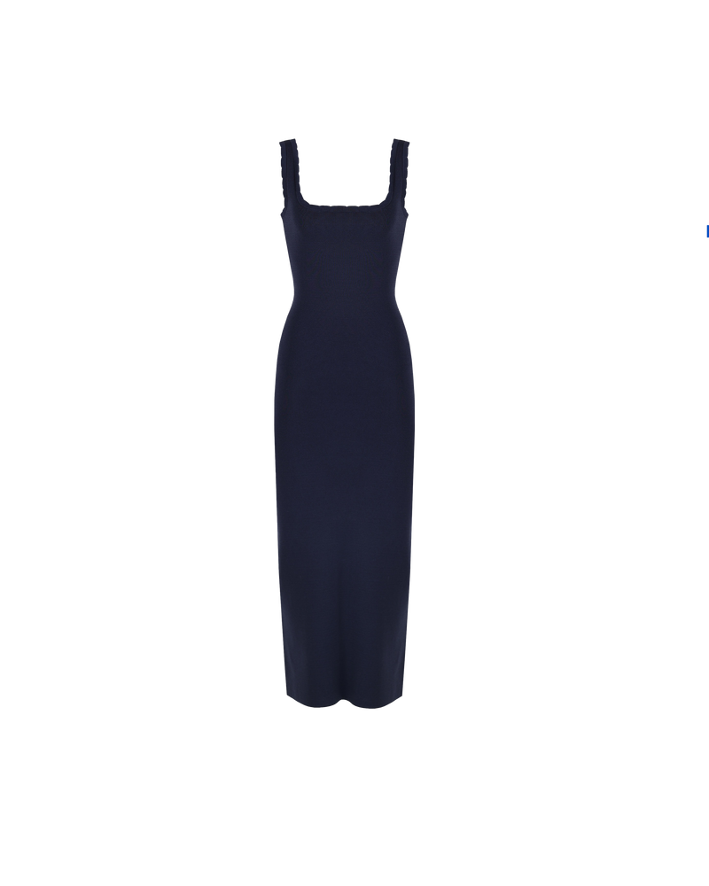 IMA DRESS MIDNIGHT | Sleeveless maxi dress with a square neckline and scallop edging throughout, made in a medium weight midnight coloured rib knit. Designed for a close fit that hugs you in all...