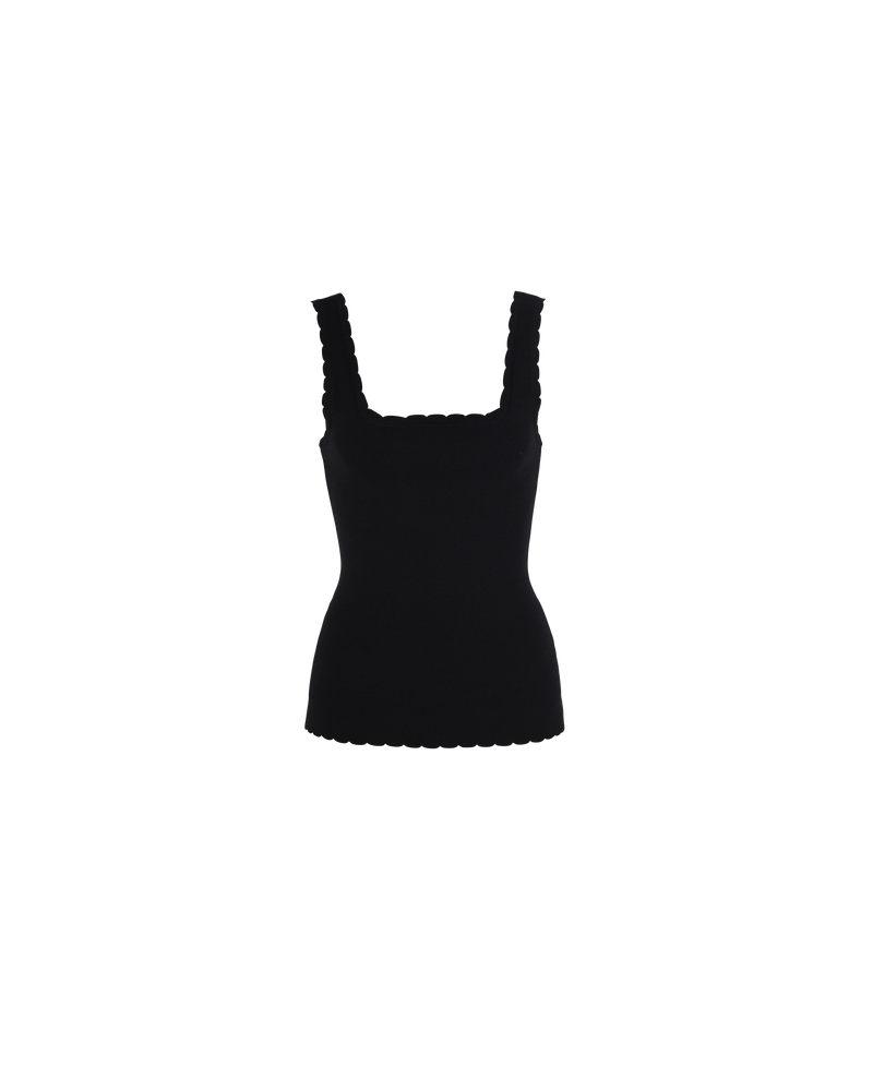 IMA TANK BLACK | Sleeveless tank with a square neckline and scallop edging throughout, made in a medium weight rib knit. A longer version of our much loved Ima Crop designed for a close and...