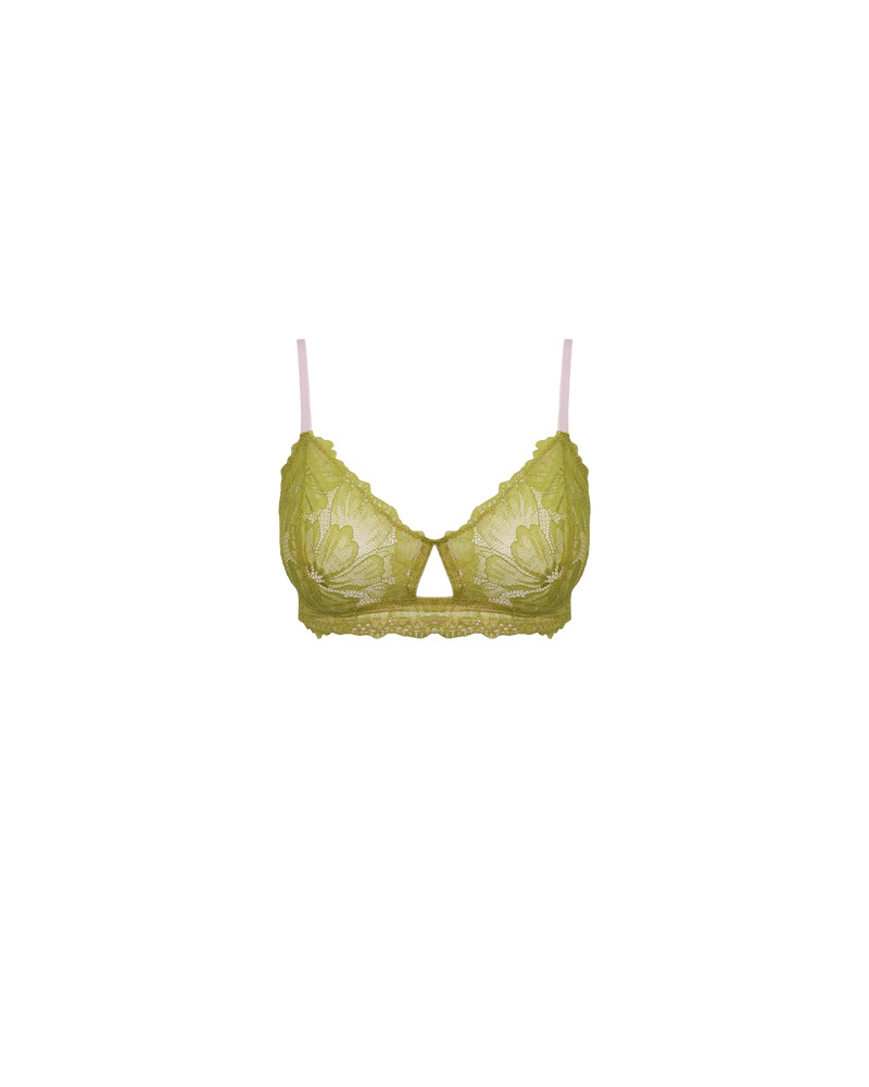 ISABELLA MID SUPPORT LACE BRA CHARTREUSE | The Isabella wireless lace bra features a double band, cut out detail, and is crafted from soft, breathable lace. Designed to offer a medium level of support, ideal for everyday and occasional wear. It has a double row of elastic...