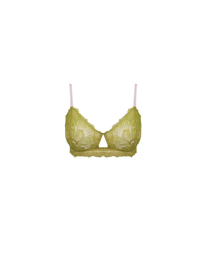 ISABELLA MID SUPPORT LACE BRA CHARTREUSE | The Isabella wireless lace bra features a double band, cut out detail, and is crafted from soft, breathable lace. Designed to offer a medium level of support, ideal for everyday and occasional wear. It has a double row of elastic...