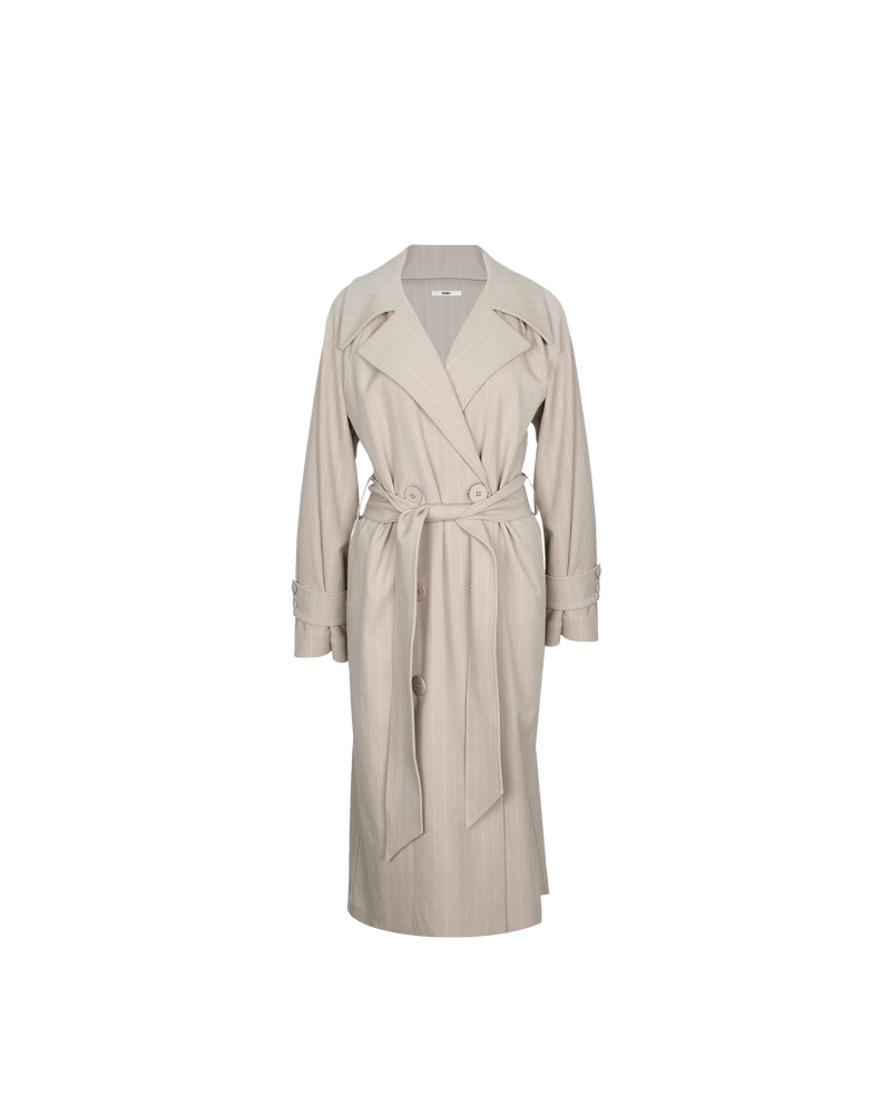 JEMIMA TRENCH COAT CAMEL PINSTRIPE | Oversized midi length trench with front waist ties, black button fastenings and a wide collar. A classic shape imagined in mid-weight camel pinstripe fabric. 