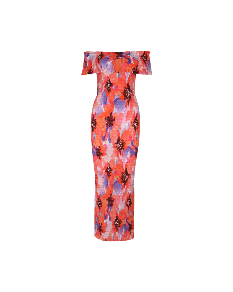 JAQUETTA DRESS POPPY FLORAL | Off-shoulder shirred cotton maxi dress designed in a vibrant poppy floral print. This dress is a win-win situation, look seriously good whilst being seriously comfy in the shirred, stretch cotton.