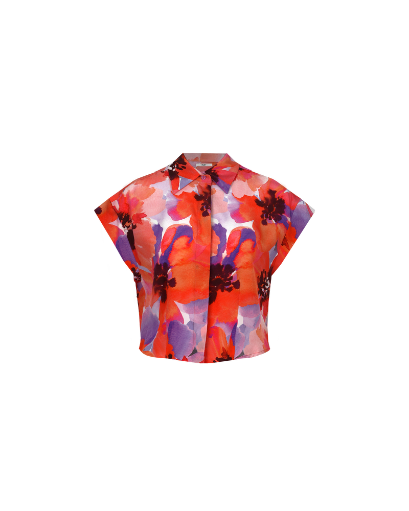 JAQUETTA SILK SHIRT POPPY FLORAL | Cap-sleeve silk shirt that sits slightly cropped, designed in a striking poppy floral print. Style this shirt with the matching Jaquetta Skirt, with denim or open as a light layering piece...