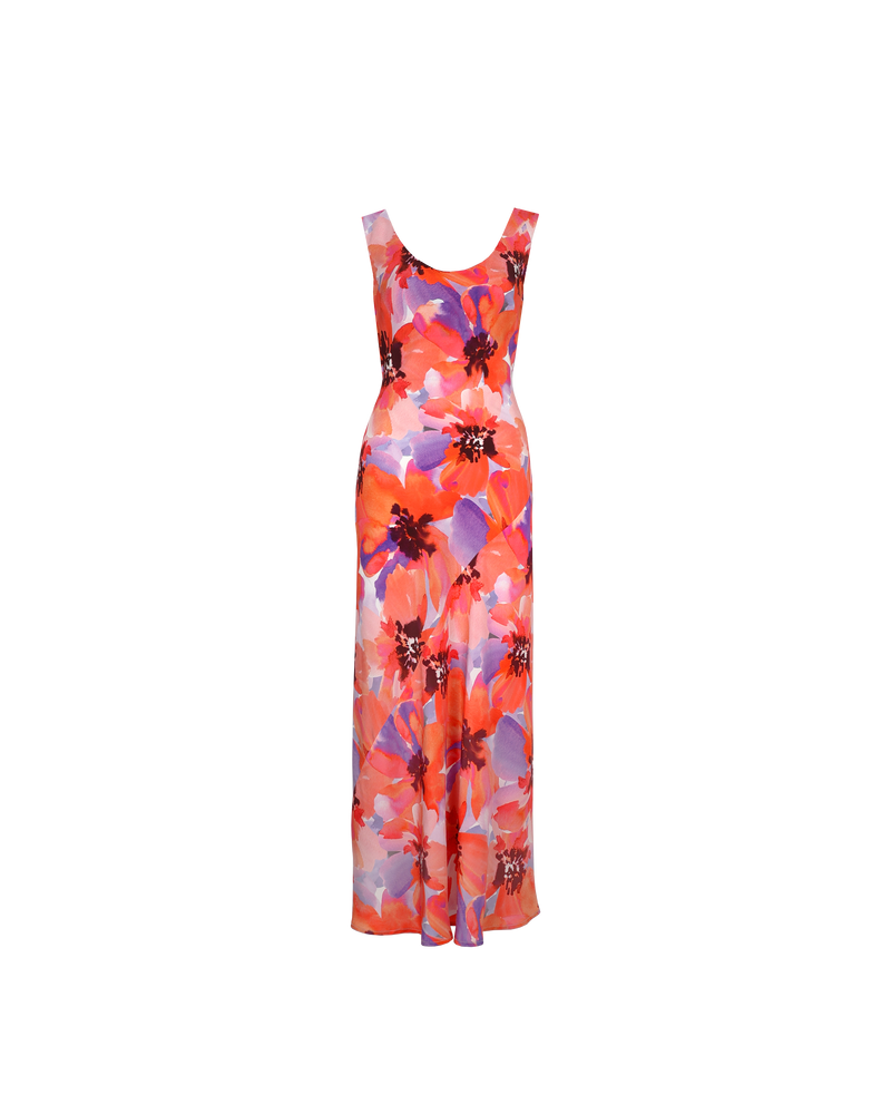 JAQUETTA SILK SLIP POPPY FLORAL | Wide strap silk midi dress designed in a striking poppy floral print. Cut on the bias with a built in waist tie, this dress skims the figure while allowing you to cinch...