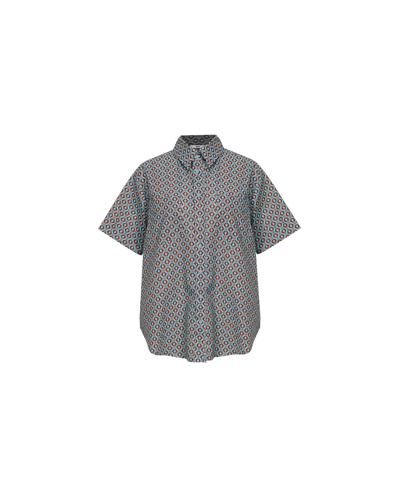 JEAN SHIRT GEOMETRIC PRINT | Relaxed cotton bowler shirt designed in a blue and brown geo print. This shirt features an oversized pocket with RUBY embroidery on it, to keep things fresh. Pair with the...