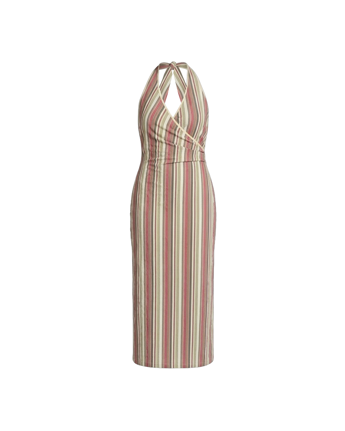 JOEY DRESS ANISE STRIPE | Bias cut midi dress with a tie-up halter neckline, crafted in our anise stripe organic cotton. Designed with ruching details on the waist and back for a tailored fit through the body, which falls into a straight cut skirt with...