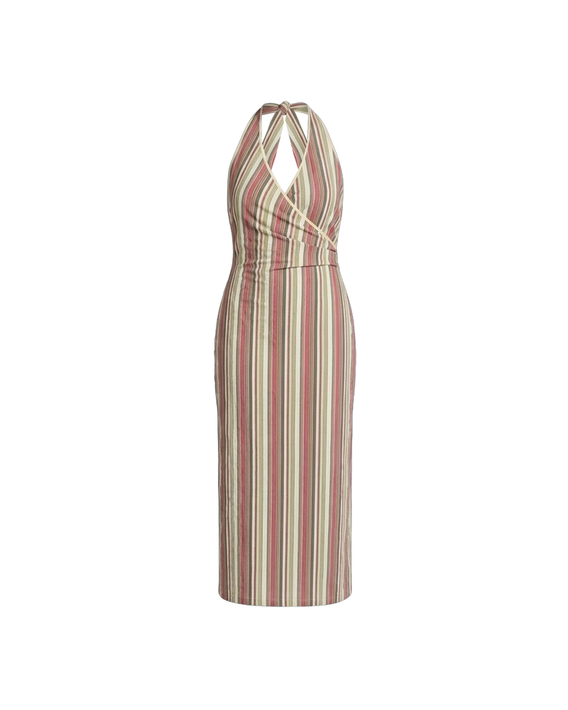 JOEY DRESS ANISE STRIPE | Bias cut midi dress with a tie-up halter neckline, crafted in our anise stripe organic cotton. Designed with ruching details on the waist and back for a tailored fit through the body, which falls into a straight cut skirt with...