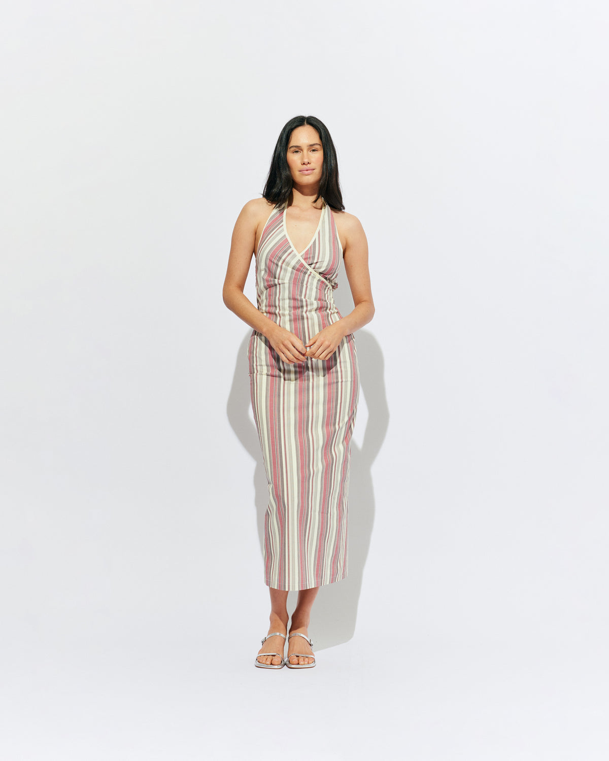 JOEY DRESS ANASE STRIPE | Bias cut midi dress with a tie-up halter neckline, crafted in our anase stripe organic cotton. Designed with ruching details on the waist and back for a tailored fit through the body, which falls into a straight cut skirt with...