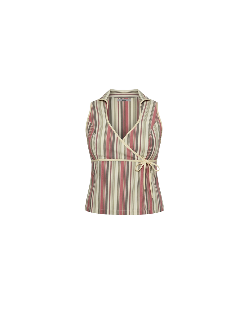 JOEY TOP ANASE STRIPE | Sleeveless fitted top with a stand collar design, crafted in our organic cotton anise stripe. Features contrast binding along the seams, a crossover bust and a feature tie. Make it a matching set with our Sonny Pant, or pair with...