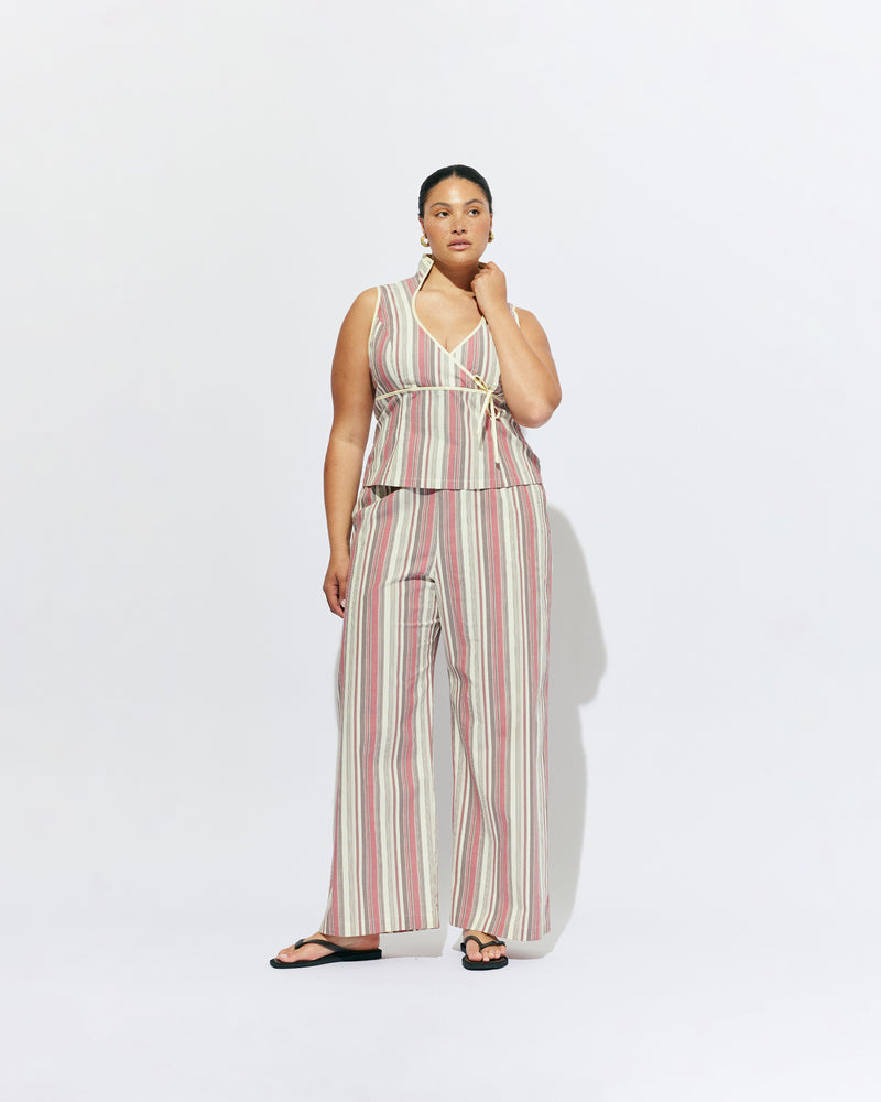 SONNY PANT ANISE STRIPE | Straight leg cotton pant with a flat elastic waistband, designed in our anise striped cotton. These pants sit relaxed and wide and have side and back pockets, with a feature embroidered RUBY 'R' on the back pocket. Make it a...