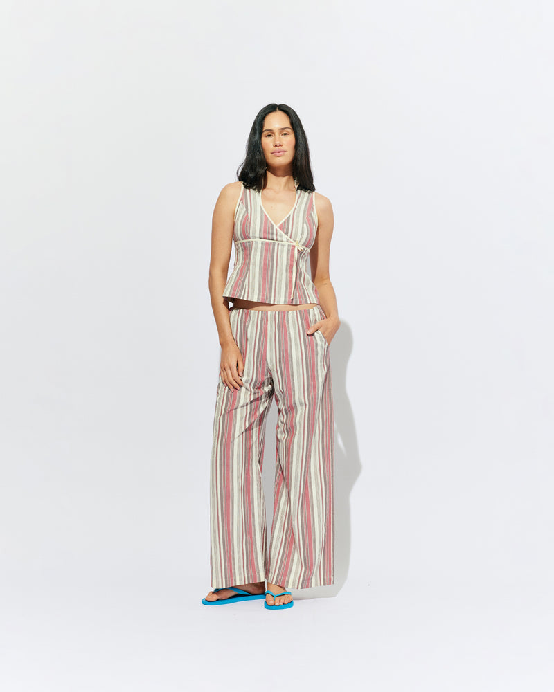 SONNY PANT ANISE STRIPE | Straight leg cotton pant with a flat elastic waistband, designed in our anise striped cotton. These pants sit relaxed and wide and have side and back pockets, with a feature embroidered RUBY 'R' on the back pocket. Make it a...