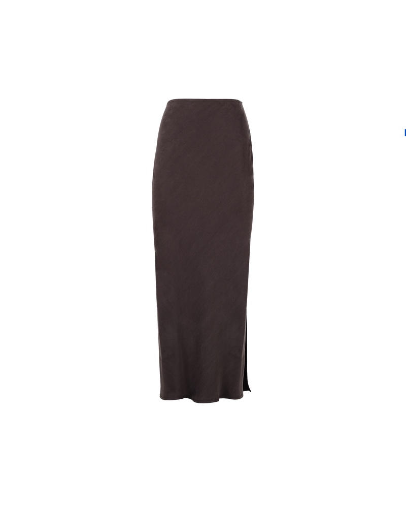 JOHARI SKIRT CHOCOLATE | The Johari Skirt is a bias cut full length skirt. It features a side slit and high waistline. This skirt has a straight silhouette as opposed to a full skirt.