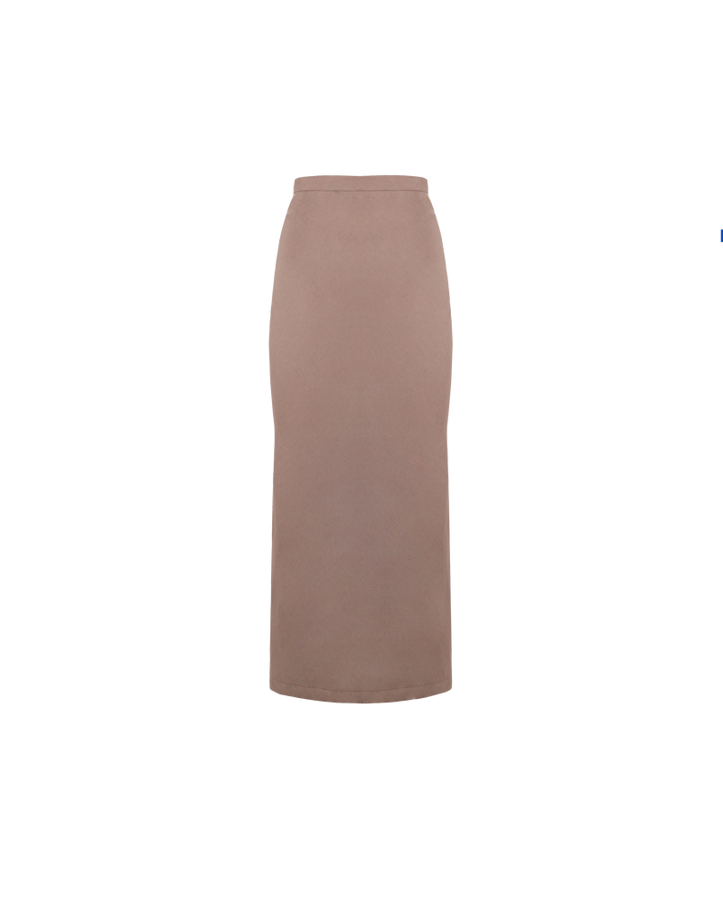 JOHARI SKIRT TAUPE | The Johari Skirt is a bias cut full length skirt. It features a side slit and high waistline. This skirt has a straight silhouette as opposed to a full skirt.