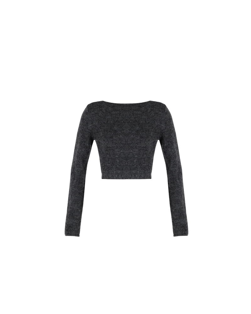 JUDE TIE-BACK SWEATER CHARCOAL | Reversible wrap-around style jumper, in a crop length. This jumper can be worn tied at the front to create a cardigan effect, or at the back for a backless effect.