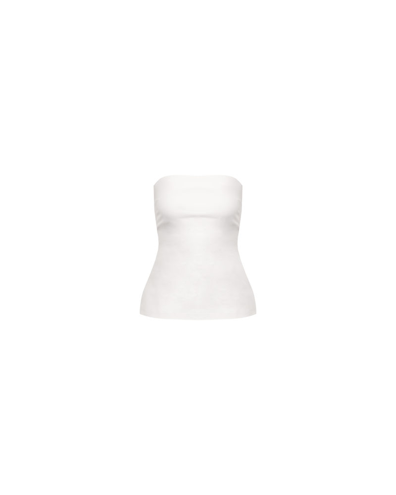 JULES BODICE  WHITE | Strapless bodice designed in a stretch mid-weight cotton fabric. This top features tuck detailing throughout which cinches the waist and turns to reveal a side split.