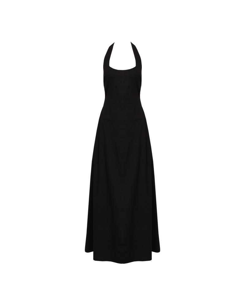JULES HALTER MAXI DRESS BLACK | Halter maxi dress designed in a light-weight cotton. Features a scooped neckline that turns to reveal a cut-out back, that then falls to an A-line skirt. Simple yet chic.