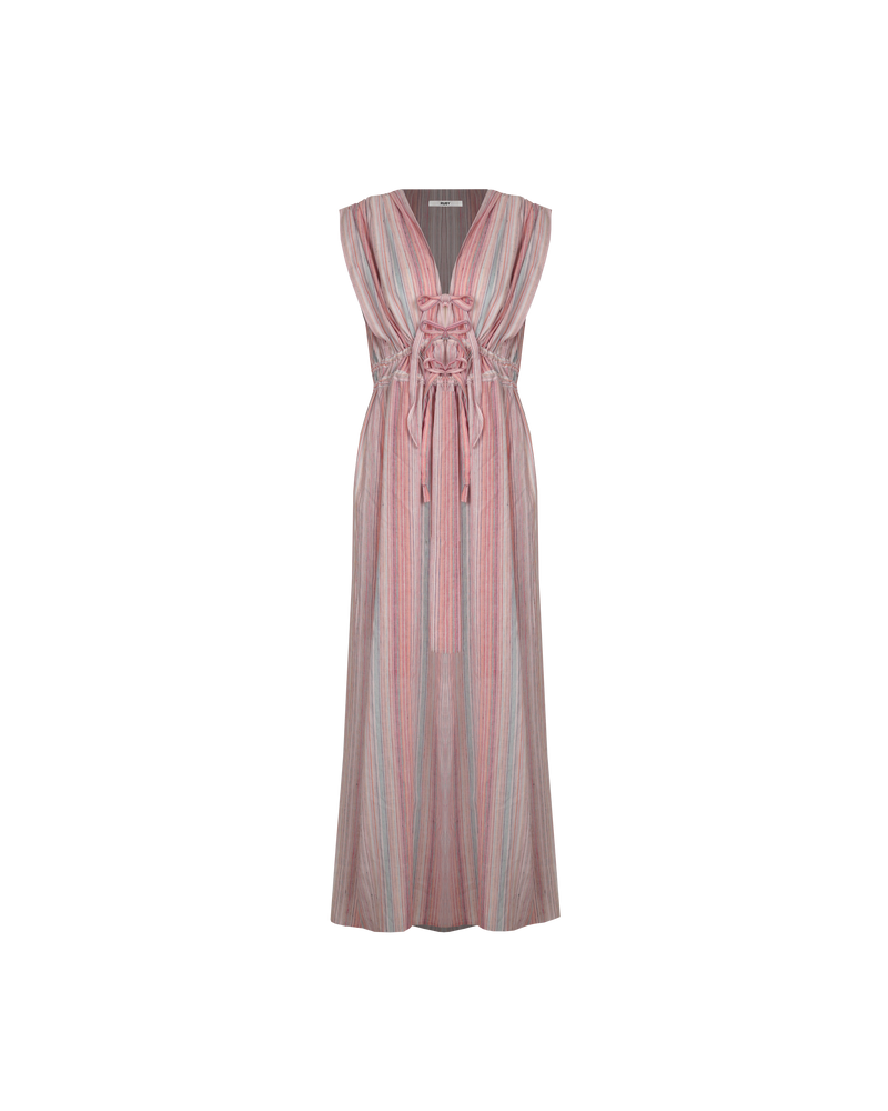 JEWEL TIE DRESS MULTI STRIPE | Sleeveless maxi dress with a plunge neckline, triple drawstring detail at the waist, and a front split, designed in a textured tonal stripe. Use the drawstrings to style the dress with...