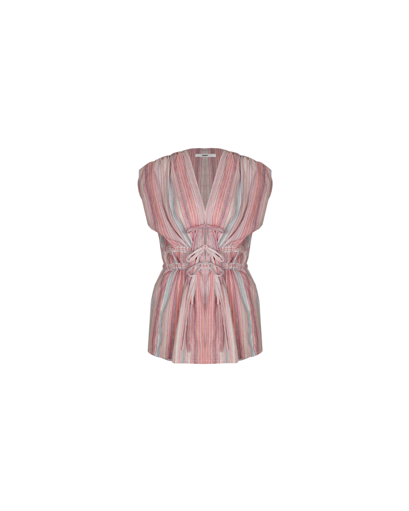 JEWEL TIE TOP MULTI STRIPE | Sleeveless top with a plunge neckline, triple drawstring detail at the waist, and a front split, designed in a textured tonal stripe. Use the drawstrings to style the top more open as the  model...