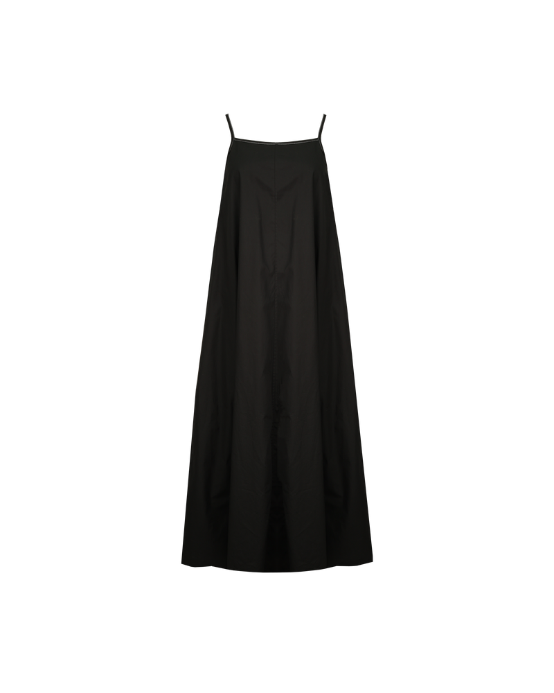 JULIA DRESS BLACK | Maxi slip dress designed in a crisp black organic cotton. This dress has a square neckline and spaghetti straps with contrast stitch detailing and falls to a floaty A-line shape...