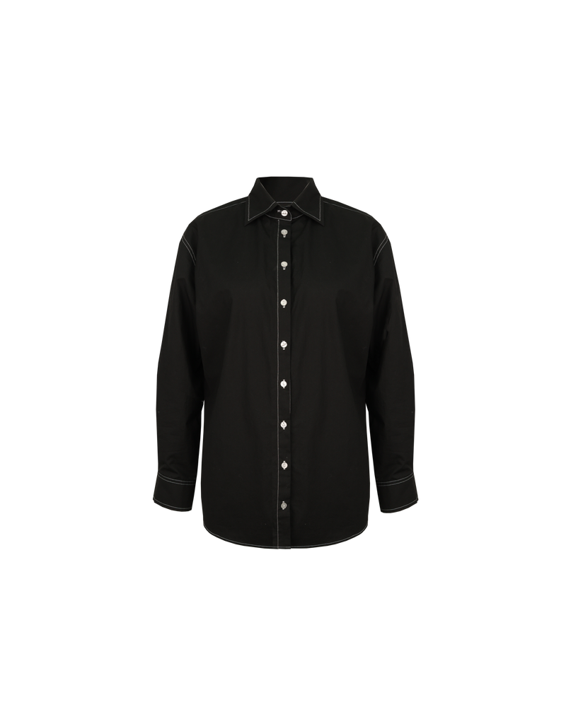 JULIA SHIRT BLACK | Relaxed fit shirt designed in a crips black organic cotton. This shirt has contrast stitching at the seams and offers a slightly longer length to compliment the relaxed fit.