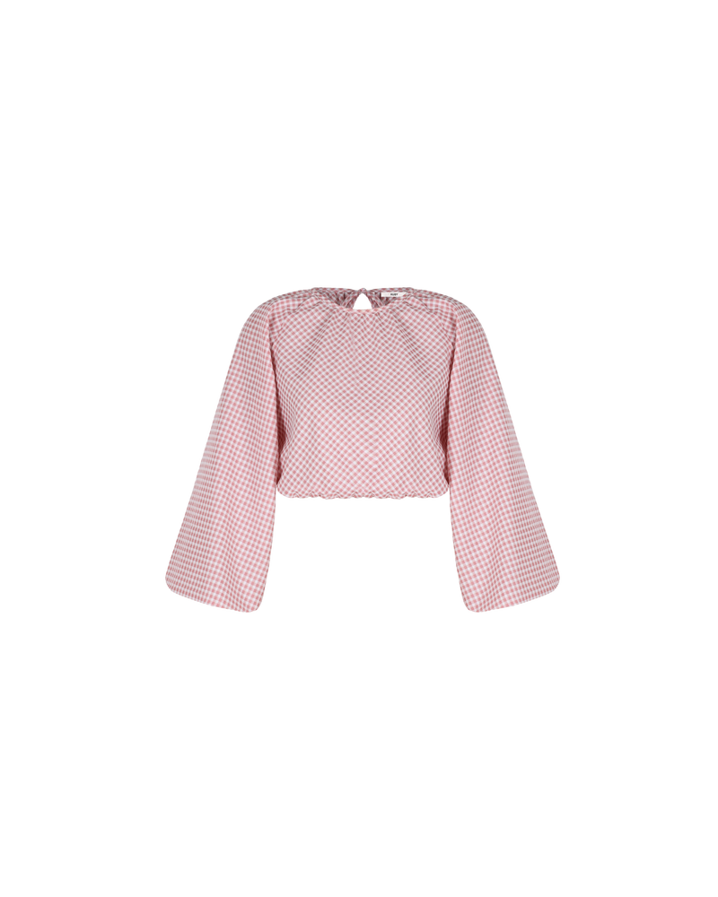 JUNIPER BLOUSE PINK GINGHAM | Cropped longsleeve blouse cut in a pink gingham with a high neckline, balloon sleeves and keyhole detail at the back neck. The elasticated bottom hem gives you the option to...