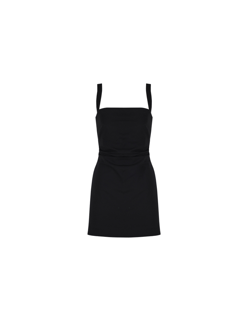 JUPITER MINIDRESS BLACK | Wide-strap minidress with a square neckline designed in a stretch bengaline fabric. Features a fitted bodice with deep waist tucks to create shape, this is truly the perfect little black...