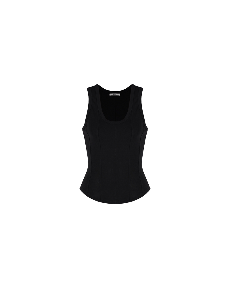 JUPITER TANK BLACK | Corset style tank top designed in a stretch knit fabric with panels through the body, a curved hem and round neckline. A contemporary take on a classic style corset that...