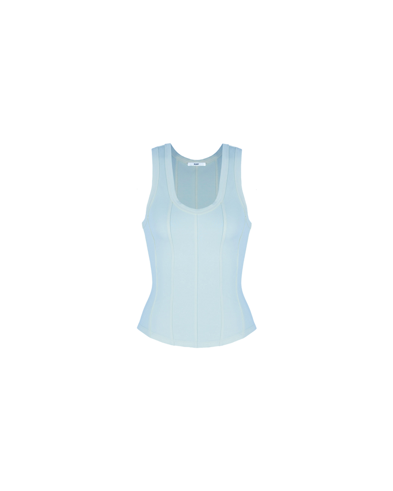 JUPITER TANK BLUE | Corset style tank top designed in a stretch knit fabric with panels through the body and a curved hem and round neckline. A contemporary take on a classic style corset...