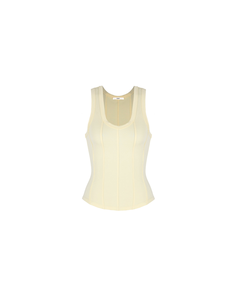 JUPITER TANK LEMONADE | Corset style tank top designed in a stretch knit fabric with panels through the body and a curved hem and round neckline. A contemporary take on a classic style corset...