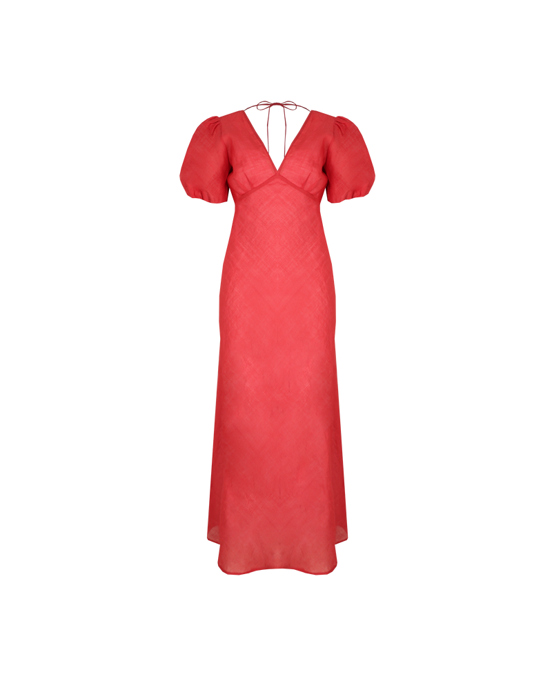 UMA RAMIE DRESS  SANGRIA | Bias cut ramie maxi dress with tie closure and a V-neck front and back. Cut in rich sangria colour, with elasticated puff sleeves and ruched detailing under the bust, this new twist...