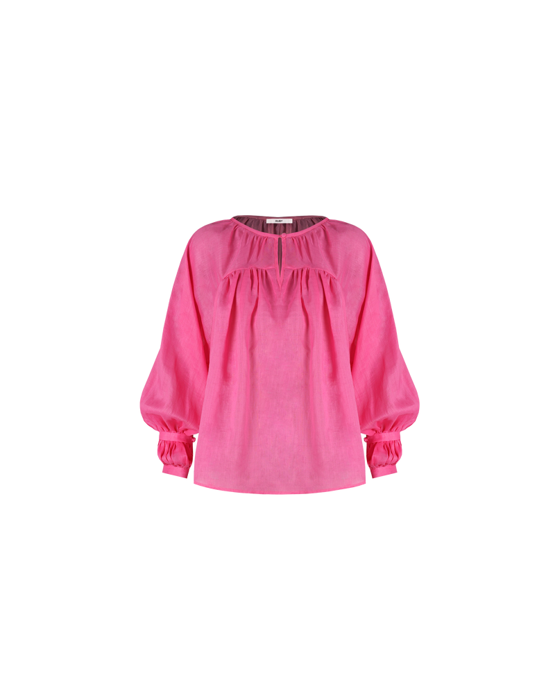 KAI BLOUSE HOT PINK | Oversized flowy blouse with self-covered button closure at the neckline, made from a delicate translucent ramie voile. Floaty in form, this blouse is a transeasonal staple.