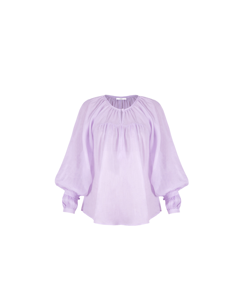 KAI BLOUSE LILAC | Oversized flowy blouse with self-covered button closure at the neckline, made from a delicate translucent ramie voile. Floaty in form, this blouse is a transeasonal staple.