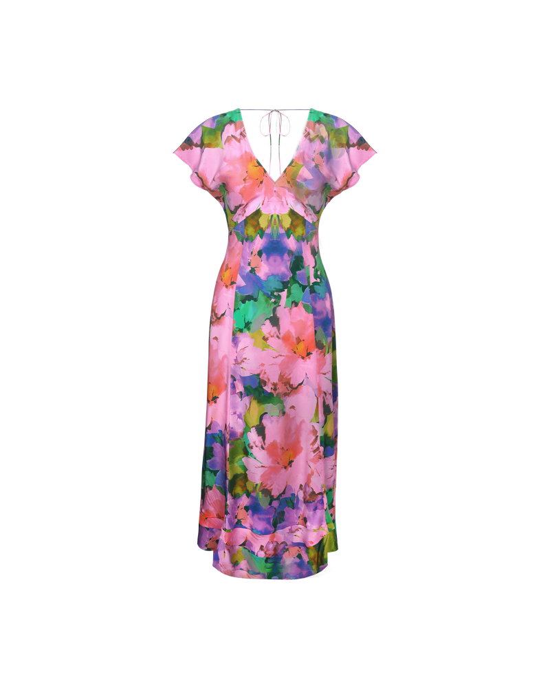 KATA SILK MIDI DRESS DREAM FLORAL | Bias cut midi dress with soft cap sleeves and a ruffled hem, crafted in a vibrant floral silk. The panelling in the dress creates a beautiful drape that compliments the...