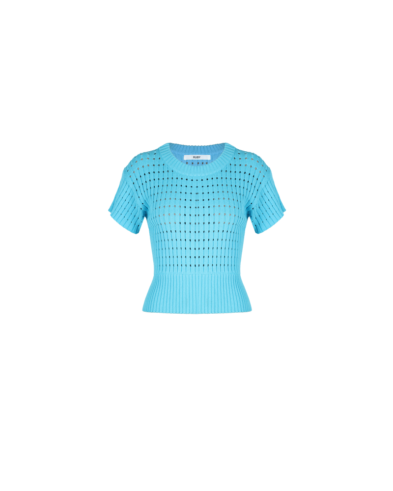 KATA TOP AQUA | Lattice knit short sleeve T-shirt with ribbed hem detailing in a vibrant aqua colour. The knit detailing adds a point of interest to this staple piece.