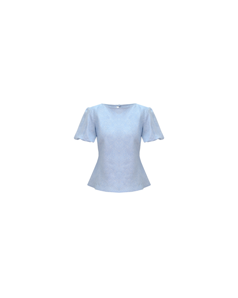 KENDALL LINEN TOP BABY BLUE | Bias cut blouse with puff sleeves cut in a baby blue linen. It features a keyhole button closure at the back neck. The short sleeves are elasticated to create a...