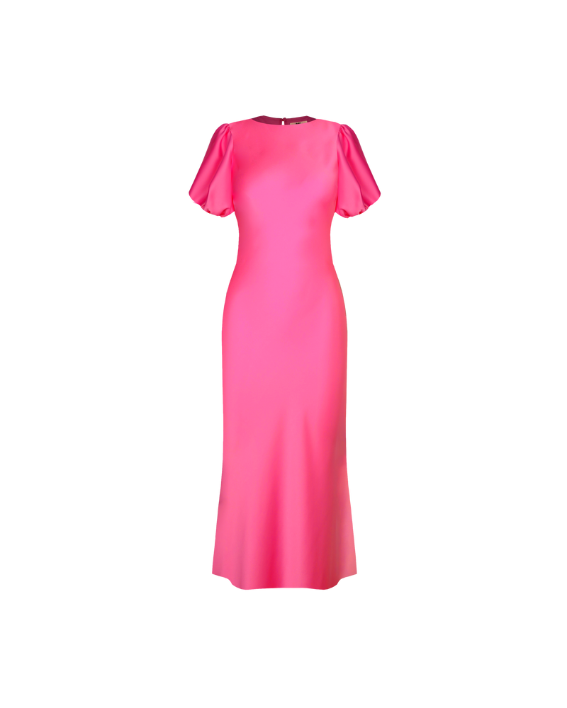 KENDALL SATIN DRESS HOT PINK | Bias cut satin midi dress with puff sleeves and a keyhole button closure at the back neck. The bias silhouette of this dress gently contours the body, while the satin...