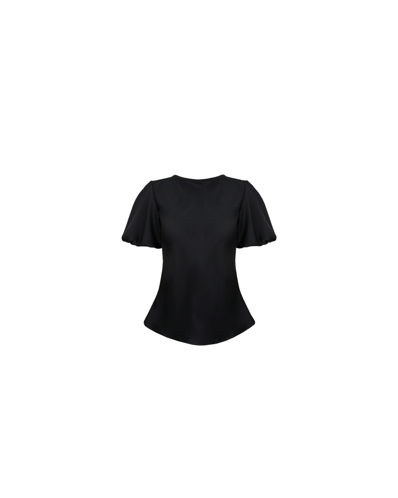 KENDALL SATIN TOP BLACK | Bias cut blouse with puff sleeves cut in a luxe black satin. It features keyhole button closure at back neck. The short sleeves are elasticated to create a voluminous puff...
