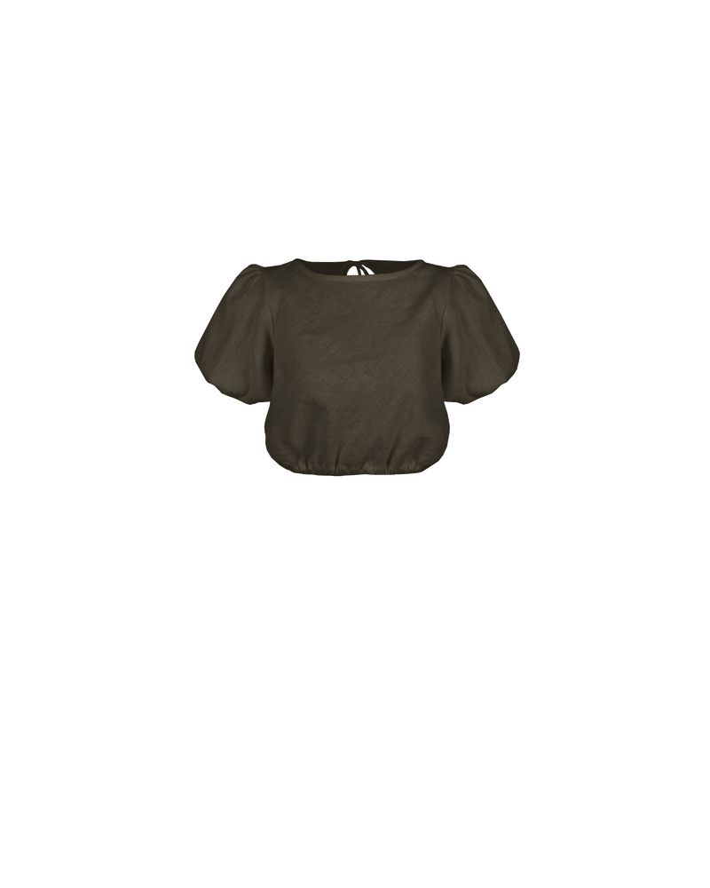 KENDALL LINEN BLOUSE KHAKI | Crop blouse with puff sleeves and keyhole opening at the back secured by a self covered button. The short sleeves and hem are elasticated to create a signature puff shape,...