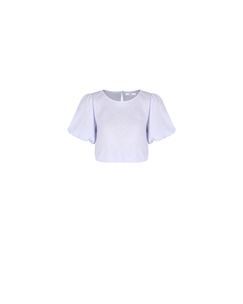 KENDALL LINEN BLOUSE  LILAC | Crop blouse with puff sleeves and keyhole opening at the back secured by a self covered button. The short sleeves and hem are elasticated to create a signature puff shape,...