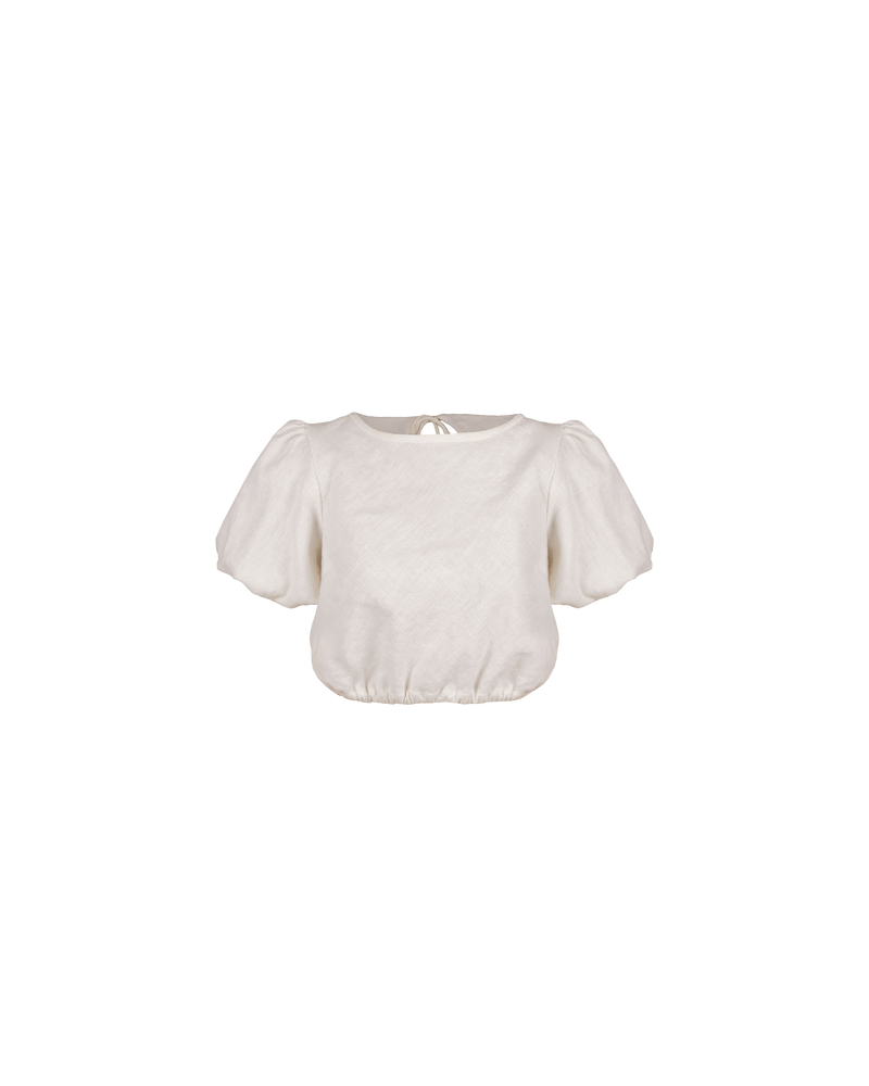 KENDALL LINEN BLOUSE NATURAL | Crop blouse with puff sleeves and an exaggerated opening at the back, secured by long ties at the back neck. The short sleeves and hem are elasticated to create a...