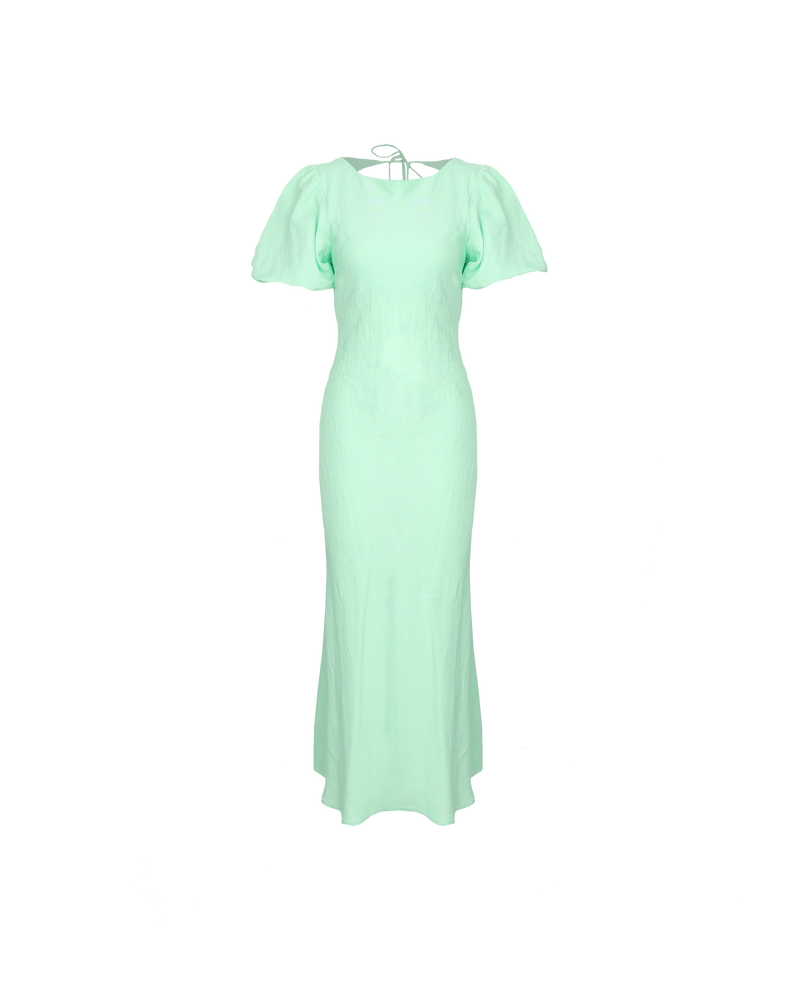 KENDALL LINEN DRESS MINT | Bias cut dress with a subtle puff sleeve and cut out back with neck-ties. Cut in a mint linen, this piece is designed to perfectly skim over your body, while the...