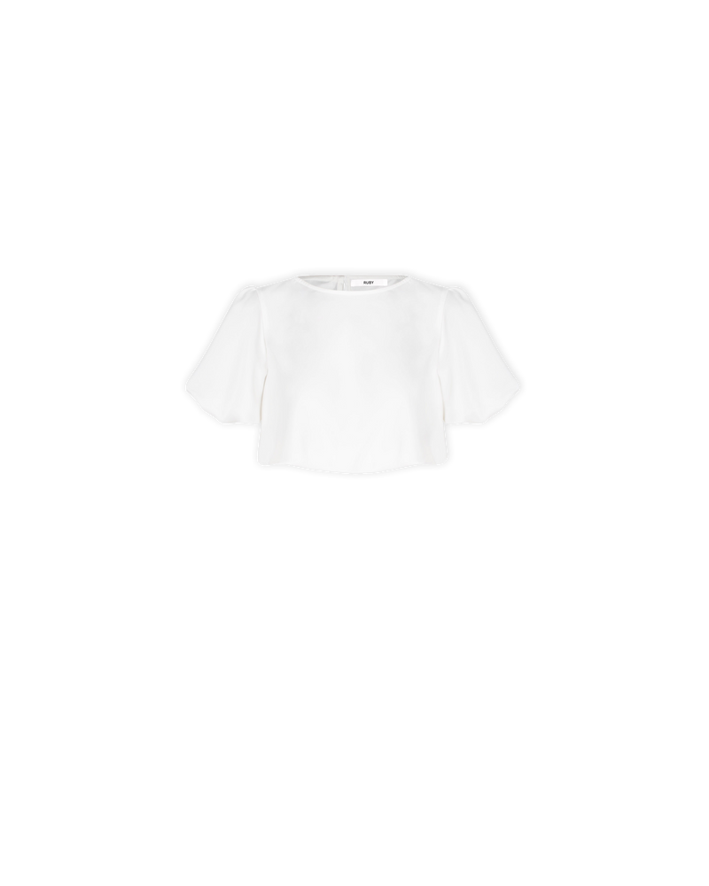 KENDALL SATIN BLOUSE WHITE | Cropped top with puff sleeves and keyhole opening at the back secured by a button, in a white satin. The short sleeves and hem are elasticated to create a signature...